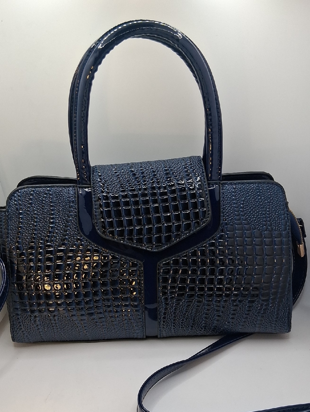 Navy Croc-Embossed Structured Satchel